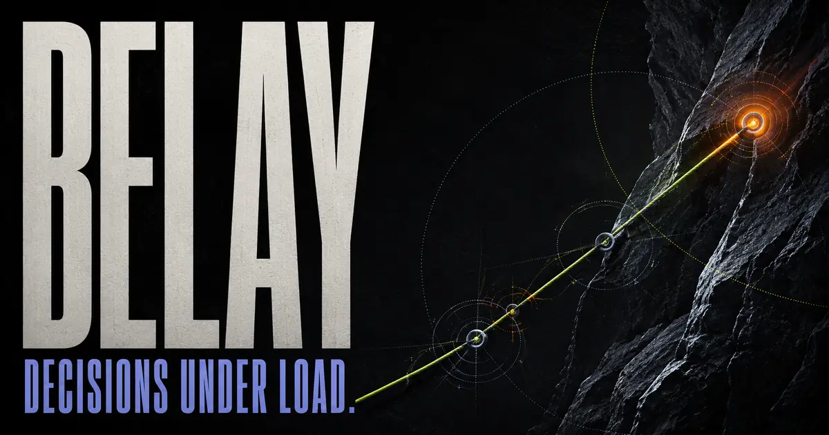 BELAY — Decisions Under Load, with a luminous route crossing a dark rock face.